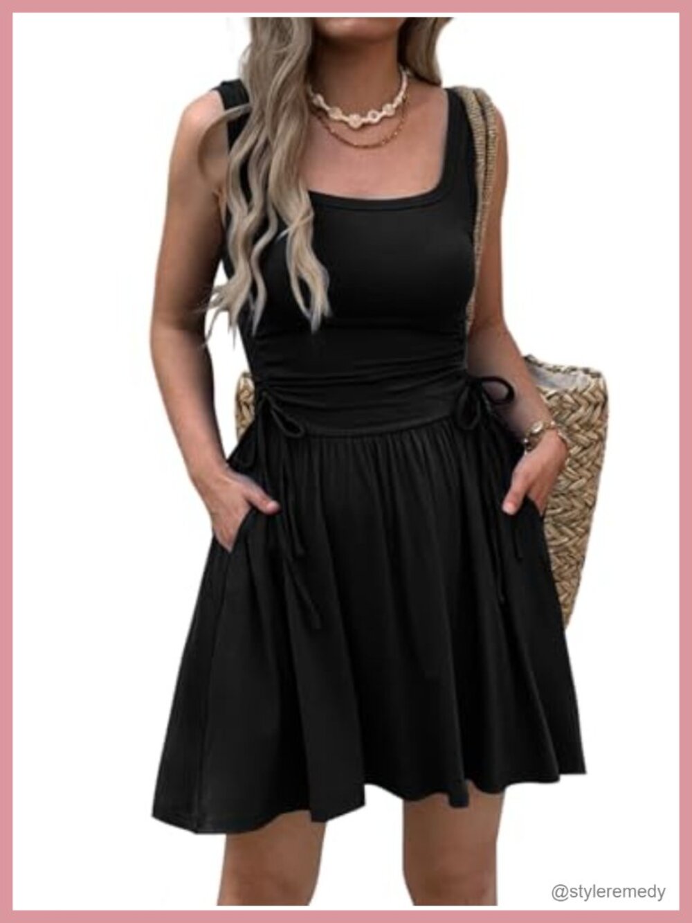 Women Sleeveless Ruched Waist Mini Dress with Pockets Casual A-Line